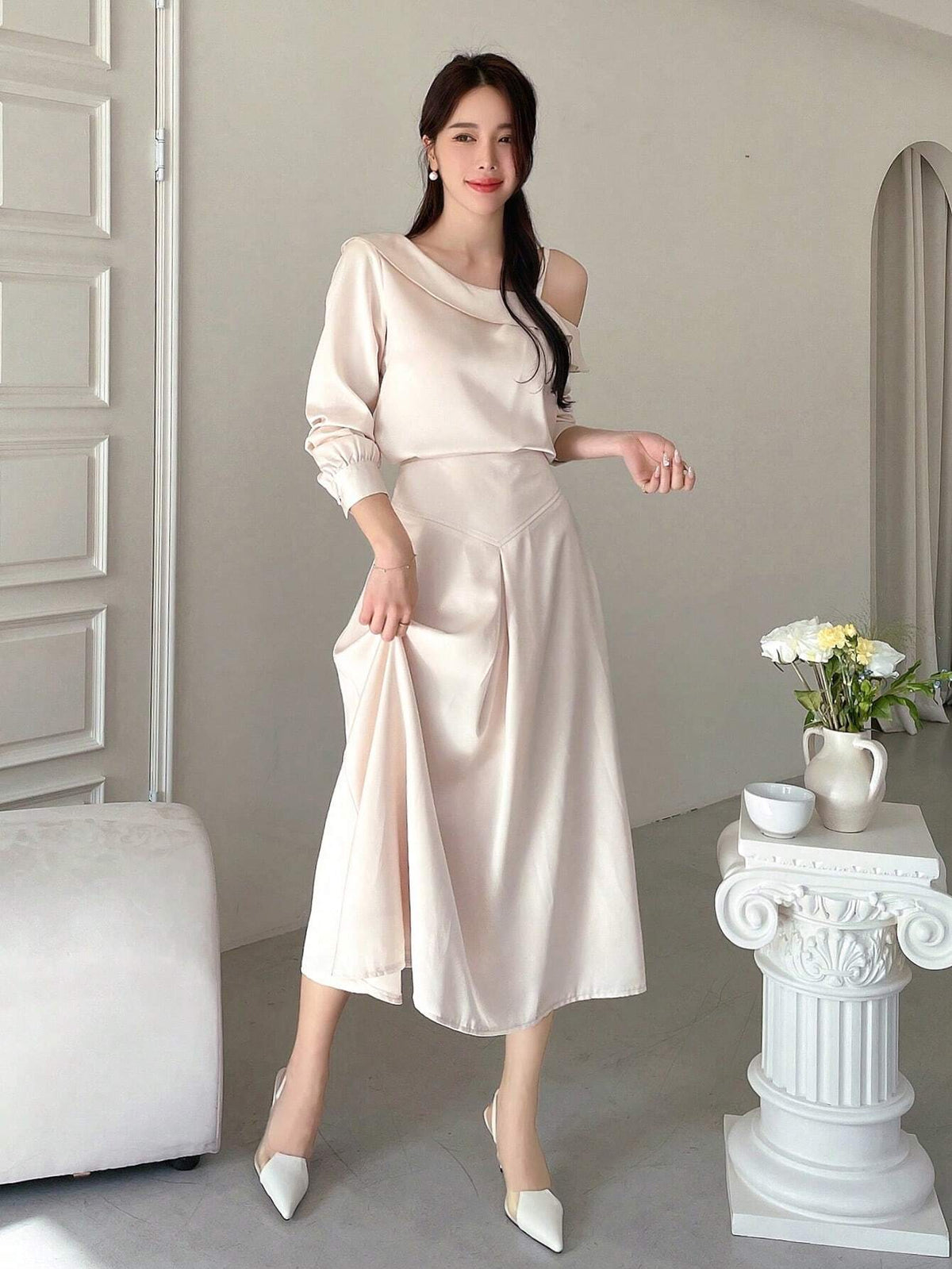 DAZY 2pcs/Set Women's Off-Shoulder Asymmetrical Long Sleeve Blouse With Elastic Waist Irregular Maxi Skirt
