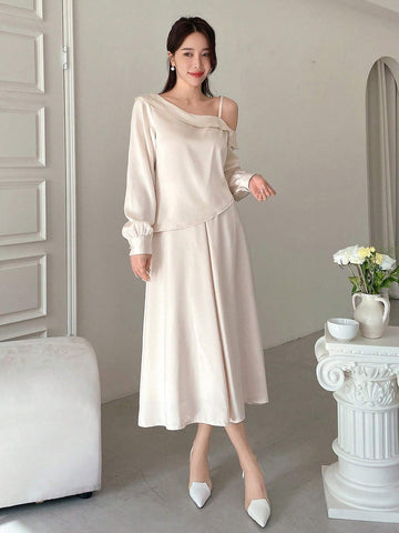 DAZY 2pcs/Set Women's Off-Shoulder Asymmetrical Long Sleeve Blouse With Elastic Waist Irregular Maxi Skirt