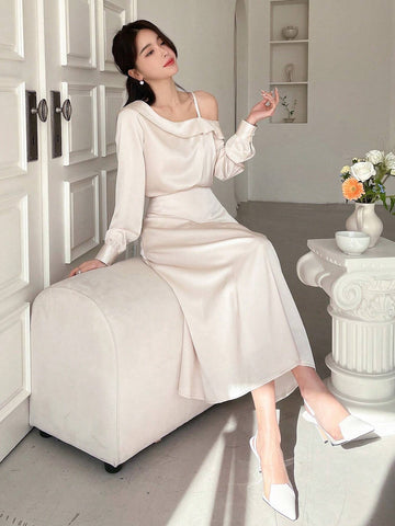 DAZY 2pcs/Set Women's Off-Shoulder Asymmetrical Long Sleeve Blouse With Elastic Waist Irregular Maxi Skirt