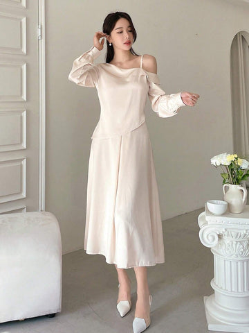 DAZY 2pcs/Set Women's Off-Shoulder Asymmetrical Long Sleeve Blouse With Elastic Waist Irregular Maxi Skirt