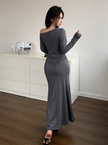 DAZY 2pcs/Set Women's Off Shoulder Slim Fit Ruched Long Sleeve T-Shirt And Bodycon High-Low Hem Skirt