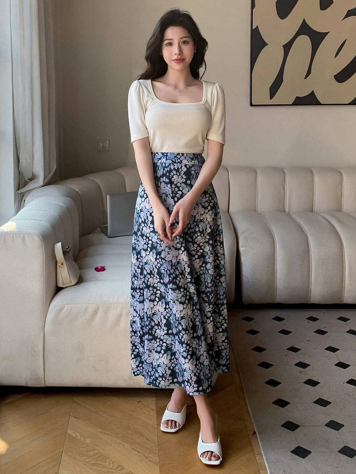 DAZY 2pcs/Set Women's Solid Color Square Neck Short Bubble Sleeve Tight T-Shirt With Floral Print Full-Length Skirt