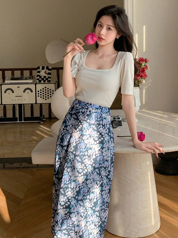 DAZY 2pcs/Set Women's Solid Color Square Neck Short Bubble Sleeve Tight T-Shirt With Floral Print Full-Length Skirt