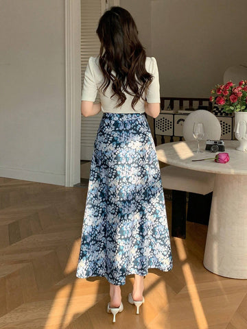 DAZY 2pcs/Set Women's Solid Color Square Neck Short Bubble Sleeve Tight T-Shirt With Floral Print Full-Length Skirt