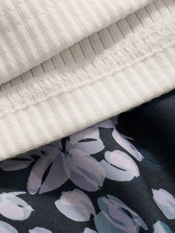 DAZY 2pcs/Set Women's Solid Color Square Neck Short Bubble Sleeve Tight T-Shirt With Floral Print Full-Length Skirt