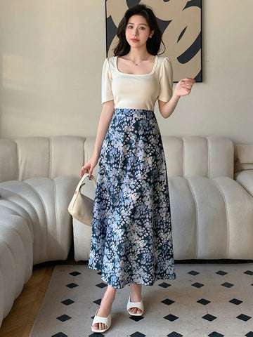 DAZY 2pcs/Set Women's Solid Color Square Neck Short Bubble Sleeve Tight T-Shirt With Floral Print Full-Length Skirt