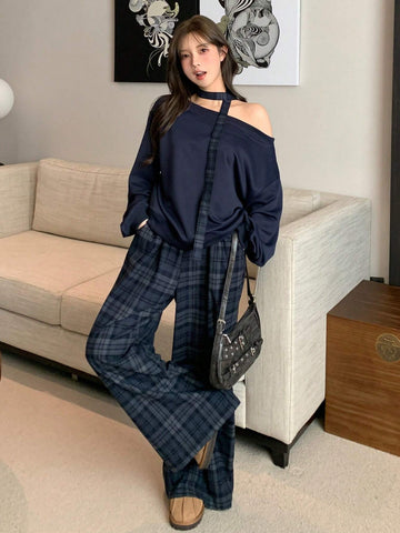 DAZY 2pcs Loose Retro Plaid Straight Leg Casual Pants & Hoodie Sweatshirt Set For Women, Fleece Lined