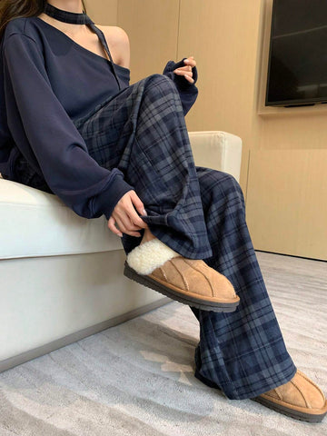 DAZY 2pcs Loose Retro Plaid Straight Leg Casual Pants & Hoodie Sweatshirt Set For Women, Fleece Lined