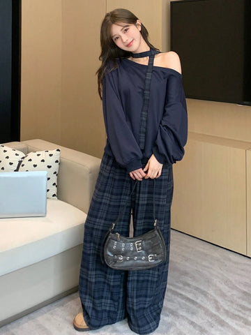 DAZY 2pcs Loose Retro Plaid Straight Leg Casual Pants & Hoodie Sweatshirt Set For Women, Fleece Lined