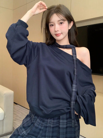 DAZY 2pcs Loose Retro Plaid Straight Leg Casual Pants & Hoodie Sweatshirt Set For Women, Fleece Lined