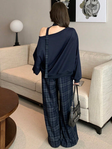 DAZY 2pcs Loose Retro Plaid Straight Leg Casual Pants & Hoodie Sweatshirt Set For Women, Fleece Lined