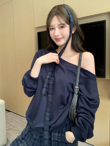 DAZY 2pcs Loose Retro Plaid Straight Leg Casual Pants & Hoodie Sweatshirt Set For Women, Fleece Lined