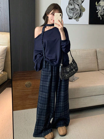 DAZY 2pcs Loose Retro Plaid Straight Leg Casual Pants & Hoodie Sweatshirt Set For Women, Fleece Lined