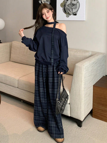 DAZY 2pcs Loose Retro Plaid Straight Leg Casual Pants & Hoodie Sweatshirt Set For Women, Fleece Lined