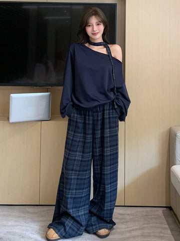 DAZY 2pcs Loose Retro Plaid Straight Leg Casual Pants & Hoodie Sweatshirt Set For Women, Fleece Lined