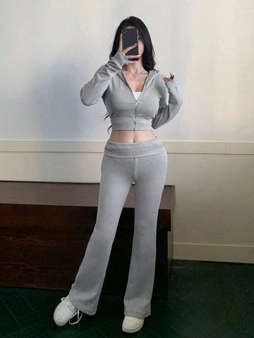 DAZY 2pcs Set Women Solid Color Hooded Zipper Long Sleeve Top & Wide Leg Pants