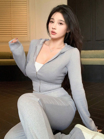 DAZY 2pcs Set Women Solid Color Hooded Zipper Long Sleeve Top & Wide Leg Pants