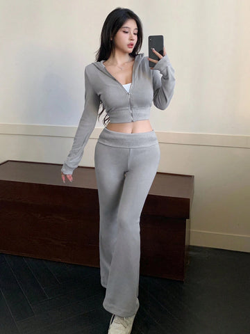 DAZY 2pcs Set Women Solid Color Hooded Zipper Long Sleeve Top & Wide Leg Pants
