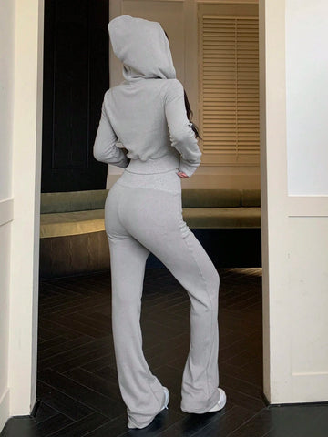 DAZY 2pcs Set Women Solid Color Hooded Zipper Long Sleeve Top & Wide Leg Pants