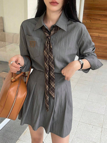 DAZY 2pcs Set: Women's Solid Color Pleated Blouse & Skirt