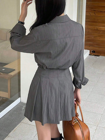 DAZY 2pcs Set: Women's Solid Color Pleated Blouse & Skirt