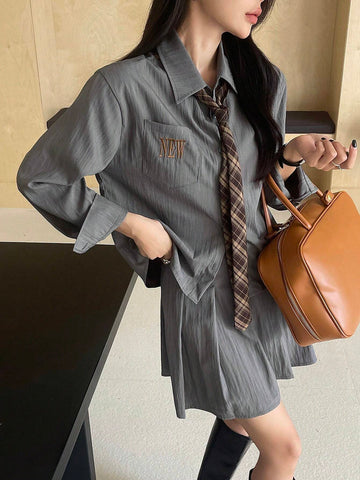 DAZY 2pcs Set: Women's Solid Color Pleated Blouse & Skirt