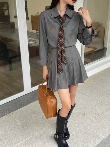 DAZY 2pcs Set: Women's Solid Color Pleated Blouse & Skirt