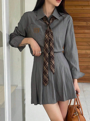 DAZY 2pcs Set: Women's Solid Color Pleated Blouse & Skirt