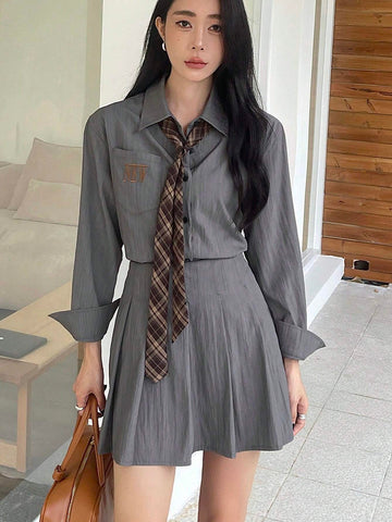 DAZY 2pcs Set: Women's Solid Color Pleated Blouse & Skirt