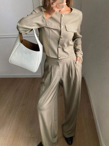 DAZY 2pcs Solid Color Round Neck Jacket And Wide Leg Pants Women's Suit