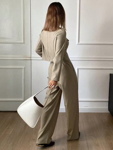 DAZY 2pcs Solid Color Round Neck Jacket And Wide Leg Pants Women's Suit