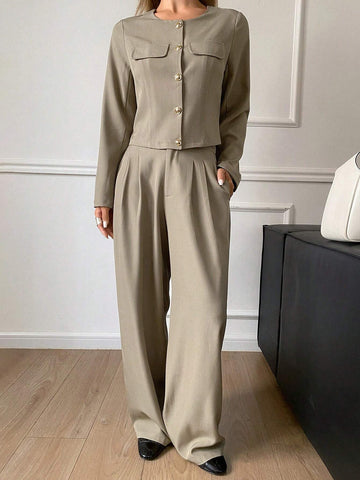DAZY 2pcs Solid Color Round Neck Jacket And Wide Leg Pants Women's Suit