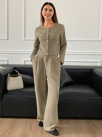 DAZY 2pcs Solid Color Round Neck Jacket And Wide Leg Pants Women's Suit