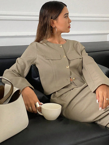 DAZY 2pcs Solid Color Round Neck Jacket And Wide Leg Pants Women's Suit