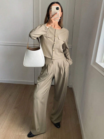 DAZY 2pcs Solid Color Round Neck Jacket And Wide Leg Pants Women's Suit
