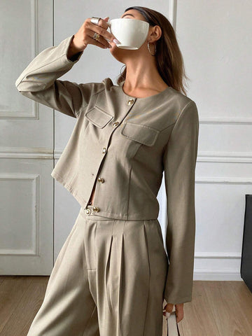 DAZY 2pcs Solid Color Round Neck Jacket And Wide Leg Pants Women's Suit