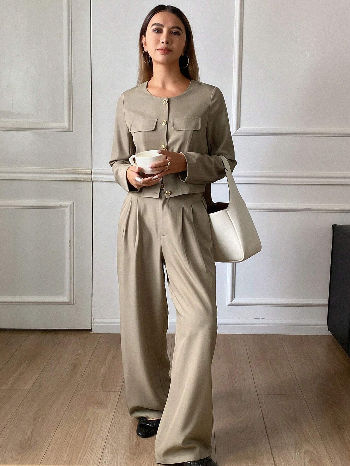 DAZY 2pcs Solid Color Round Neck Jacket And Wide Leg Pants Women's Suit