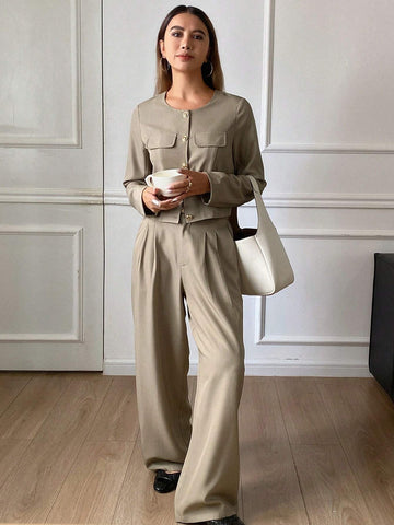 DAZY 2pcs Solid Color Round Neck Jacket And Wide Leg Pants Women's Suit