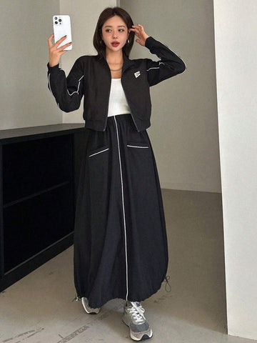 DAZY 2pcs Women Casual Set: Front Zip Long Sleeve Top And Skirt