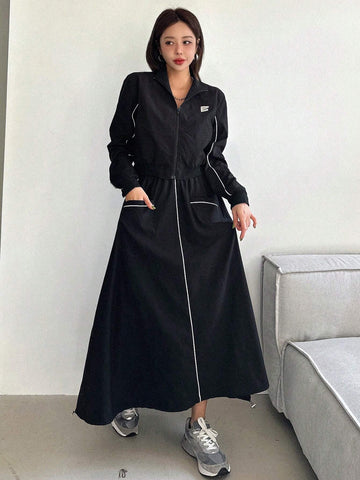 DAZY 2pcs Women Casual Set: Front Zip Long Sleeve Top And Skirt