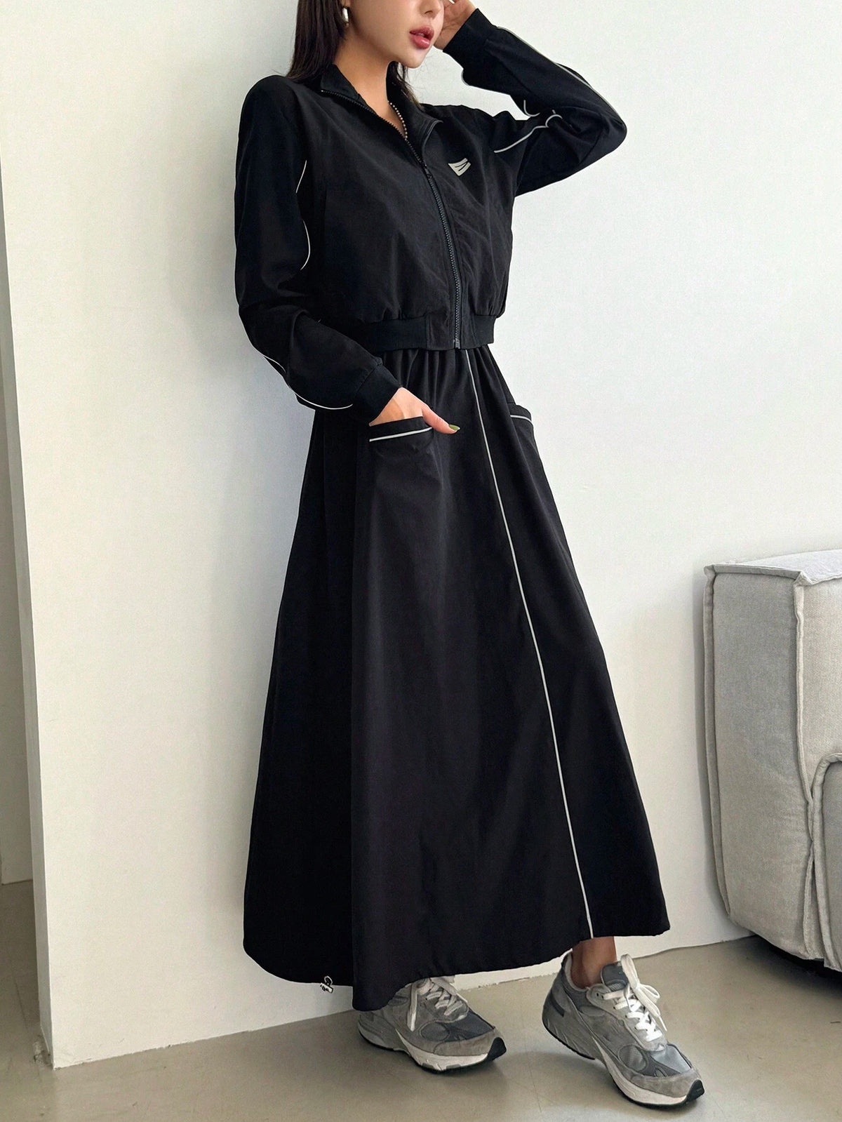 DAZY 2pcs Women Casual Set: Front Zip Long Sleeve Top And Skirt