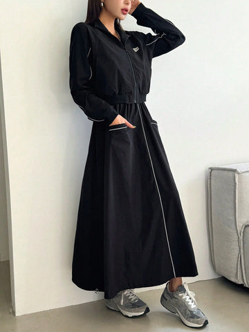 DAZY 2pcs Women Casual Set: Front Zip Long Sleeve Top And Skirt