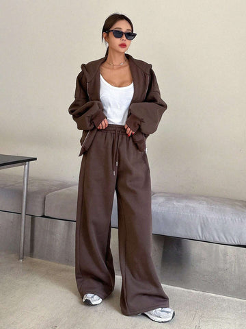 DAZY 2pcs Women Casual Solid Color Drawstring Hooded Sweatshirt And Sweatpants Set, Autumn&Winter