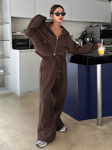 DAZY 2pcs Women Casual Solid Color Drawstring Hooded Sweatshirt And Sweatpants Set, Autumn&Winter