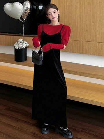 DAZY 2pcs Women Casual Sweater And Slip Dress Set, Autumn/Winter