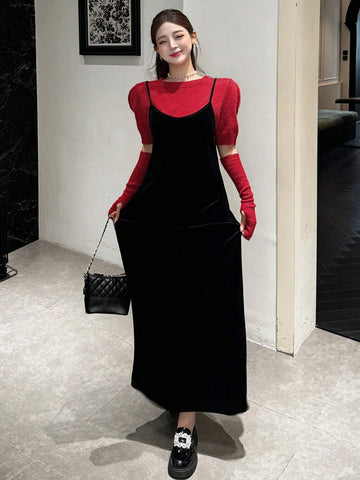 DAZY 2pcs Women Casual Sweater And Slip Dress Set, Autumn/Winter