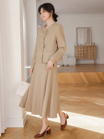 DAZY 2pcs Women Set: Long Blazer Jacket And Midi Pencil Skirt