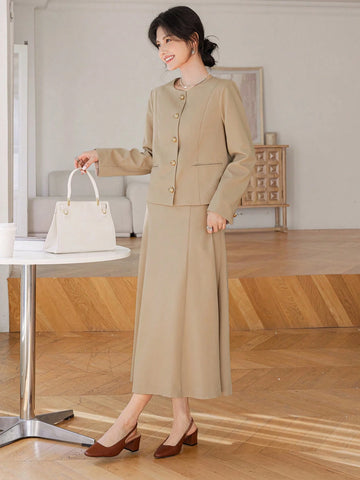 DAZY 2pcs Women Set: Long Blazer Jacket And Midi Pencil Skirt