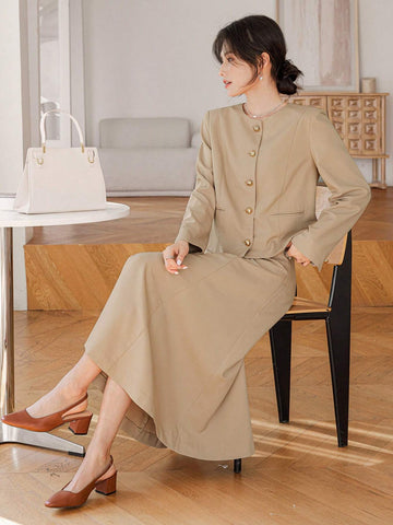 DAZY 2pcs Women Set: Long Blazer Jacket And Midi Pencil Skirt
