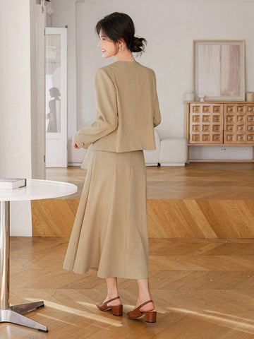 DAZY 2pcs Women Set: Long Blazer Jacket And Midi Pencil Skirt